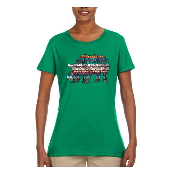 Plaid Paisley Retro Vintage Rhino Animal Lover Womens Graphic T-Shirt, Kelly, 3XL