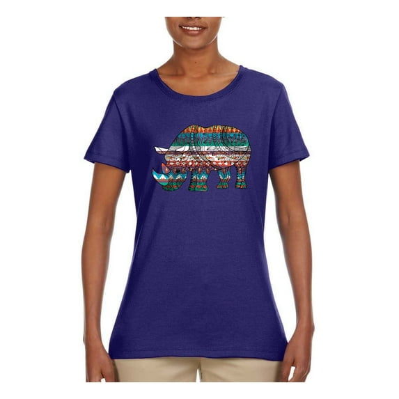 Plaid Paisley Retro Vintage Rhino Animal Lover Womens Graphic T-Shirt, Purple, Large