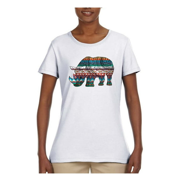 Plaid Paisley Retro Vintage Rhino Animal Lover Womens Graphic T-Shirt, White, X-Large