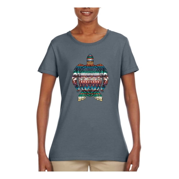 Plaid Paisley Retro Vintage Turtle Animal Lover Womens Graphic T-Shirt, Charcoal, Small