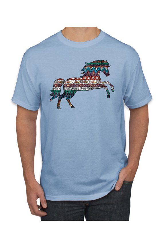 Plaid Paisley Retro Vintage Wild Horse Animal Lover Graphic T-Shirt, Light Blue, Large