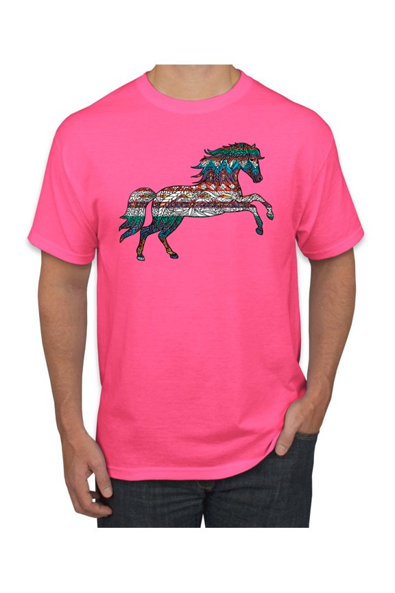 Plaid Paisley Retro Vintage Wild Horse Animal Lover Graphic T-Shirt, Neon Pink, 5XL