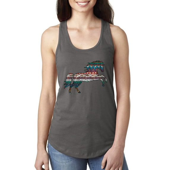 Plaid Paisley Retro Vintage Wild Horse Animal Lover Ladies Racerback Tank Top, Dark Grey, Medium