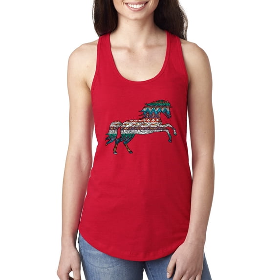 Plaid Paisley Retro Vintage Wild Horse Animal Lover Ladies Racerback Tank Top, Red, X-Large