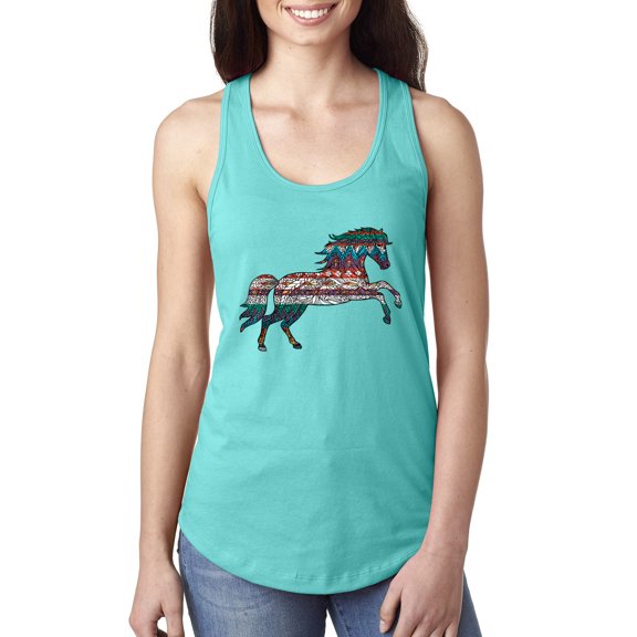 Plaid Paisley Retro Vintage Wild Horse Animal Lover Ladies Racerback Tank Top, Tahiti Blue, Large