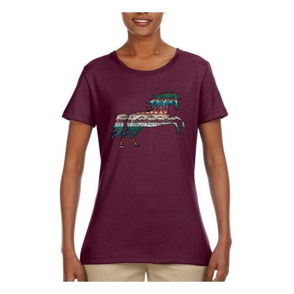 Plaid Paisley Retro Vintage Wild Horse Animal Lover Womens Graphic T-Shirt, Maroon, Small