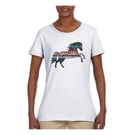 Plaid Paisley Retro Vintage Wild Horse Animal Lover Womens Graphic T-Shirt, White, 3XL