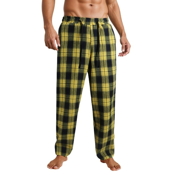 Plaid Pajama Pants Men Lounge Sleep Pants Lightweight Soft PJ Pants Drawstring Waist Relaxed Fit Homewear Yellow L