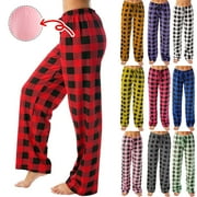 THREDZR Plaid Pajama Pants Women Drawstring Cotton Soft Plaid Pj Pants Cute Sleepwear Wide Leg Pajama Bottoms Black L