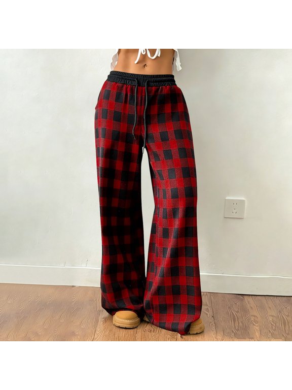 Plaid Pajama Pants Women Elastic Waist Drawstring Loungewear Pant Casual Checkered Printed Loose Fits Wide Leg Lightweight Comfy Sleepwear Pant