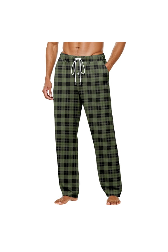 Plaid Pajama Pants for Men Button Fly Sleep Pants Classic Style Lounge PJ Pants Drawstring Lightweight Soft Cotton Blend Homewear Army Green S