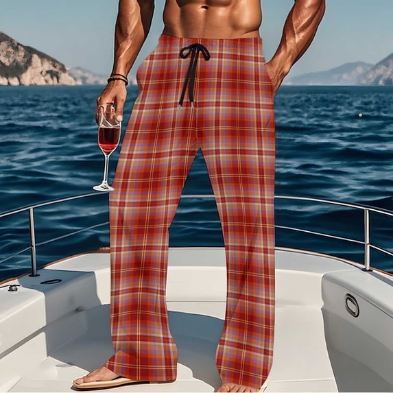 Plaid Pajama Pants for Men with Pockets Drawstring Elastic Waist Pant Casual Loose Breathable Straight Leg Loungewear Sleepwear Pajamas Trousers