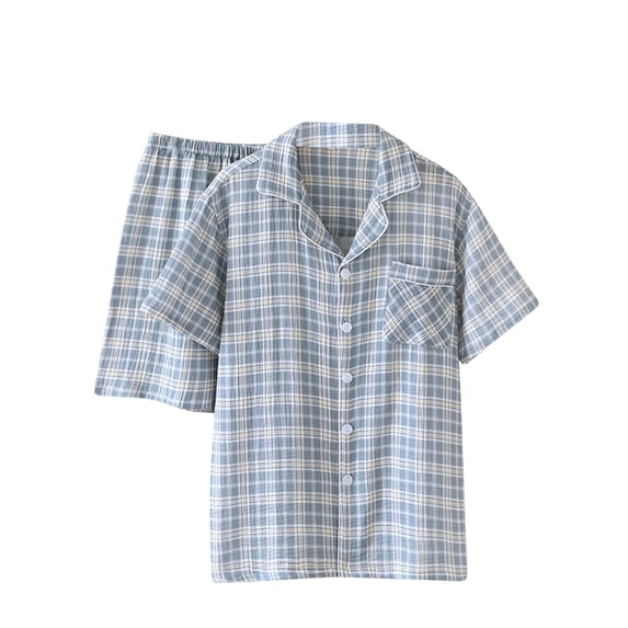 Plaid Pajama Sets for Men with Pockets Lightweight 2 Piece Pajamas Mens Casual Short Sleeve Button-Down Shirts and Shorts Loungewear Outfits