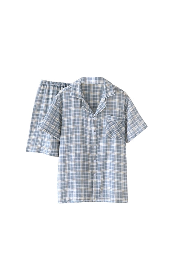 Plaid Pajama Sets for Men with Pockets Lightweight 2 Piece Pajamas Mens Casual Short Sleeve Button-Down Shirts and Shorts Loungewear Outfits