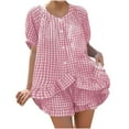 thumbnail image 1 of Plaid Pajamas Set for Women Puff Sleeve Button Down Sleepwear Matching Ruffle Shorts Cute 2 Piece Pjs Lounge Sets, 1 of 7