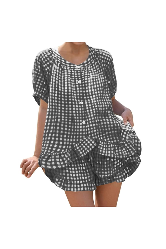 Plaid Pajamas Set for Women Puff Sleeve Button Down Sleepwear Matching Ruffle Shorts Cute 2 Piece Pjs Lounge Sets