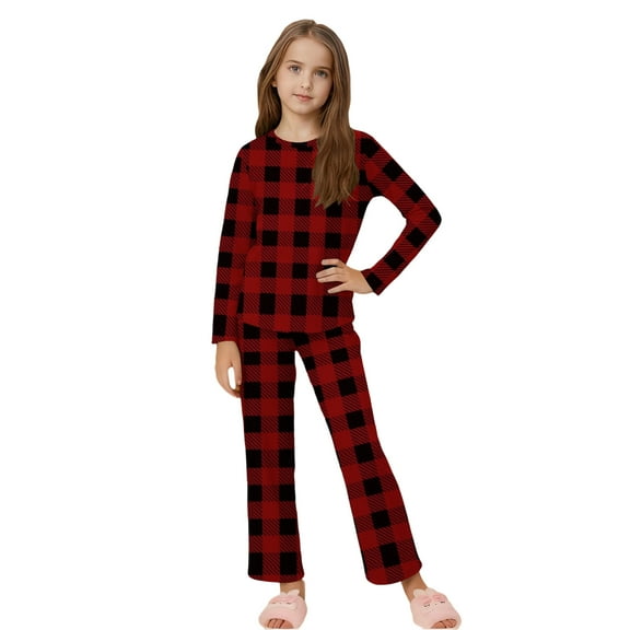 Plaid Pajamas Sets Girls 2 Piece Long Sleeve Crew Neck Top and PjS Bottom Pant Sleepwear Checkered Outfits (9 Years, Red)