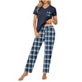 thumbnail image 1 of Plaid Pajamas Sets for Women Soft Lounge Short Sleeve Tops and Long Pants Sleepwear Negligee Outfits with Pocket, 1 of 5