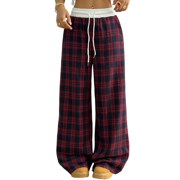 Plaid Pants Women Baggy Drawstring Low Rise Stretchy Pajama Pants Casual Quick Dry Slacks Red M
