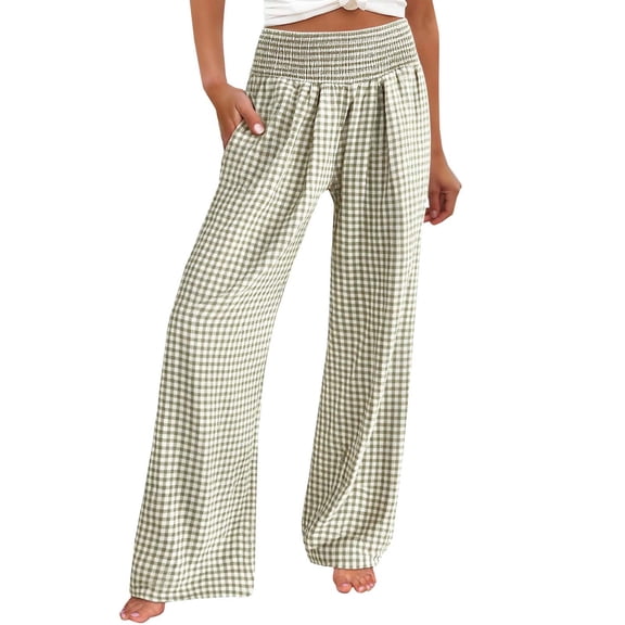 Plaid Pants for Women, Comdrip Women's Checkered Trendy Wide Leg Pants with High Waist and Slimming Effect Fashionable Elastic Waistband Pocket Casual Pants Womens Gingham Pants Light Green, M