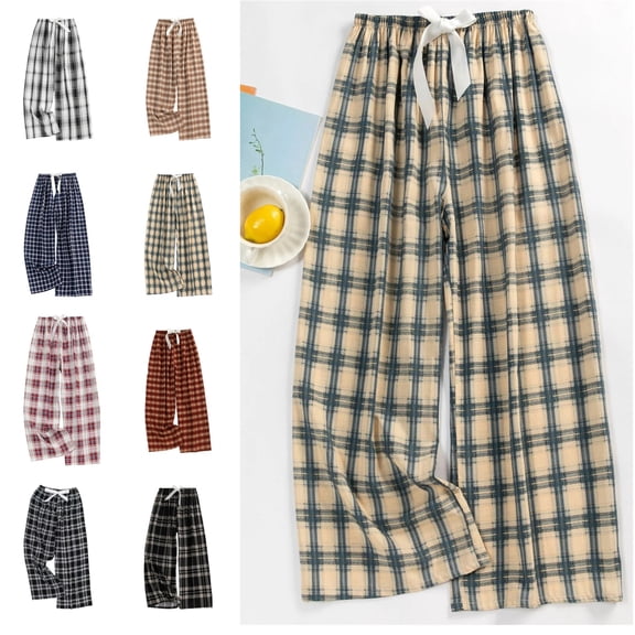 Plaid Pants Women Comfy Drawstring High Waist Wide Leg Lounge Pants Casual Loose Fit Oversized Checkered Pant Khaki Free
