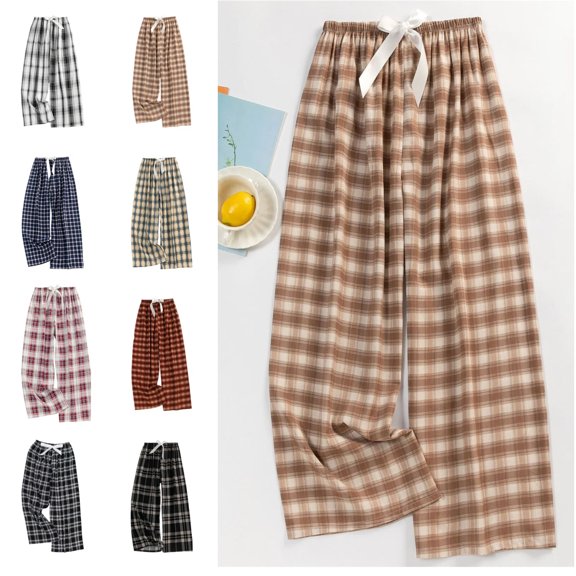 Plaid Pants Women Comfy Drawstring High Waist Wide Leg Lounge Pants Casual Loose Fit Oversized Checkered Pant Light Brown Free