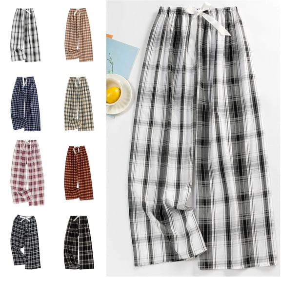 Plaid Pants Women Comfy Drawstring High Waist Wide Leg Lounge Pants Casual Loose Fit Oversized Checkered Pant White Free