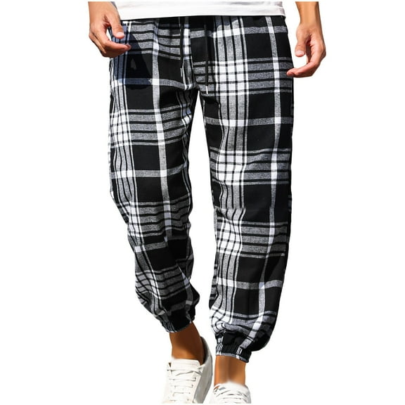 Plaid Pants for Men Casual Loose Fit Lounge Pants Elastic Waist Drawstring Joggers Sweatpants, Black, L