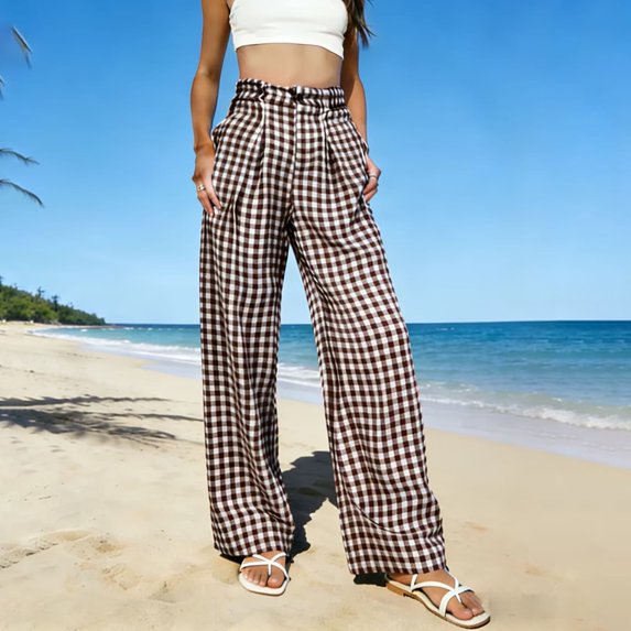 Plaid Pants for Women Elastic Waist Lightweight Palazzo Pants Summer Wide Leg Beach Daily Lounge Trousers Slacks S-2XL