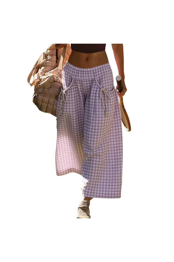 Plaid Pants for Womens Wide Leg Elastic Waist Gingham Capri Palazzo Pants Light Purple S