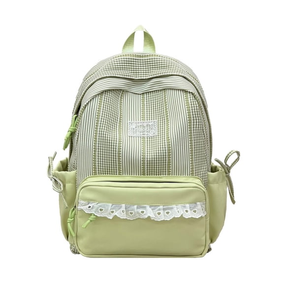 Plaid Patchwork Backpack, Lace Trim School Backpack with Side Bowknots, Spacious Bag with Multi-Compartment for Travel Shopping (Green)