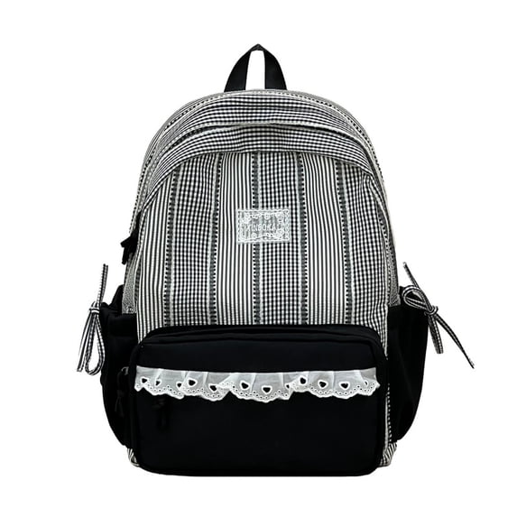 Plaid Patchwork Backpack, Lace Trim School Backpack with Side Bowknots, Spacious Bag with Multi-Compartment for Travel Shopping (Black)