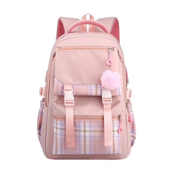 Plaid Patchwork Backpack With Pendant, Nylon Laptop Daypack For Travel Commute, Lightweight Casual School Bag With Multi Pockets, Pink 30x42x23cm (Pink, 42*30*23CM)