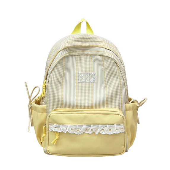 Plaid Patchwork Backpack, Lace Trim School Backpack with Side Bowknots, Spacious Bag with Multi-Compartment for Travel Shopping (Yellow)