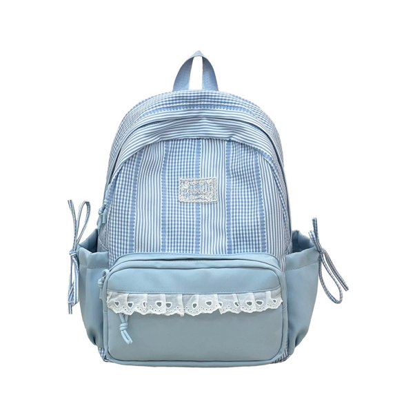 Plaid Patchwork Backpack, Lace Trim School Backpack with Side Bowknots, Spacious Bag with Multi-Compartment for Travel Shopping (Blue)