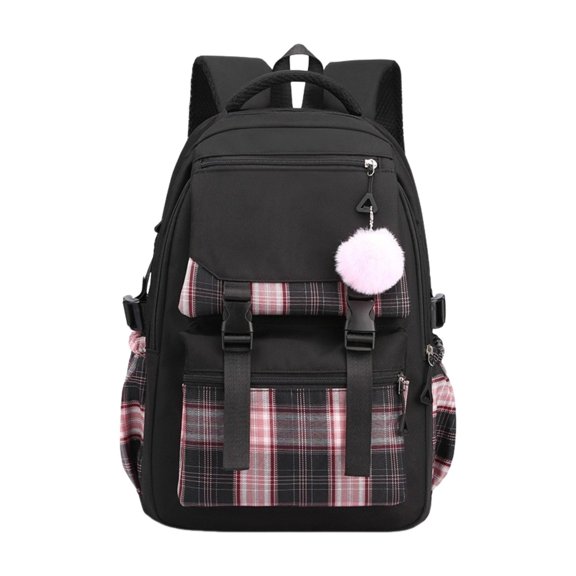 Plaid Patchwork Nylon Backpack with Pendant, 11.8x16.5x9.1 Inch, Fits 14 Inch Laptop, Student Campus Bag with Adjustable Ribbon Buckles, Water-Resistant, Casual Travel Daypack, Black Plaid, By Harlik