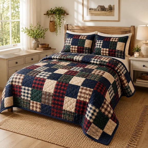 Plaid Patchwork Quilted 3-Piece Bedding Set, Rustic Cabin Quilt