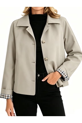Plaid Patchwork Women Long Sleeve Lapel Single Breasted Jacket Trench Coat