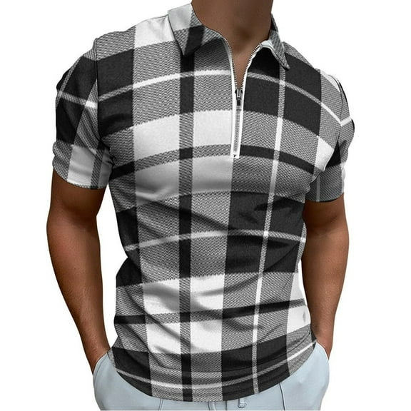 Plaid Pattern Black And White Plaid Men Zipper T-shirt Summer Casual Short Sleeve T-shirt Top
