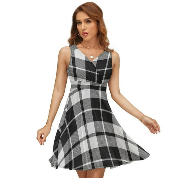 Plaid Pattern Black And White Plaid Sleeveless Dress Women Summer Evening Dresses Ladies Sundress