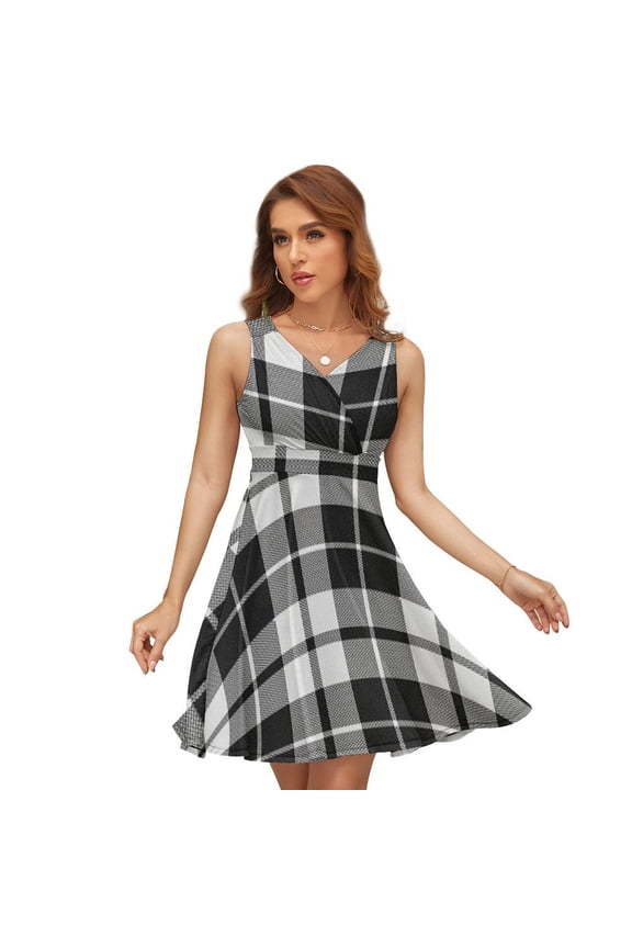 Plaid Pattern Black And White Plaid Sleeveless Dress Women Summer Evening Dresses Ladies Sundress