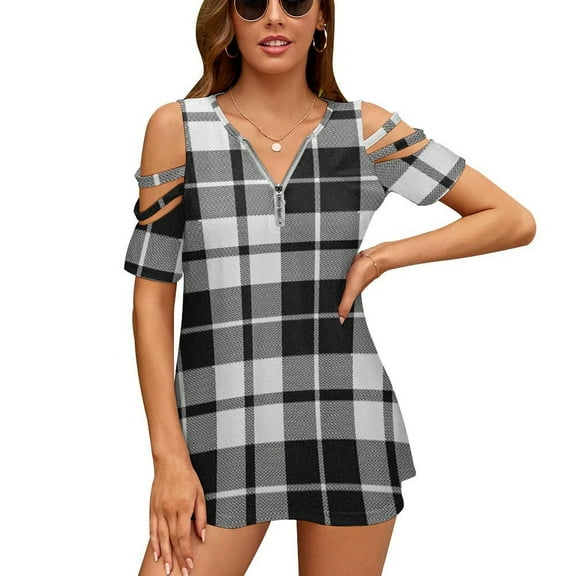 Plaid Pattern Black And White Plaid Womens Summer V Neck Zipper Top Short Sleeve T Shirt Off Shoulder Top Casual Classy Loose Shirts