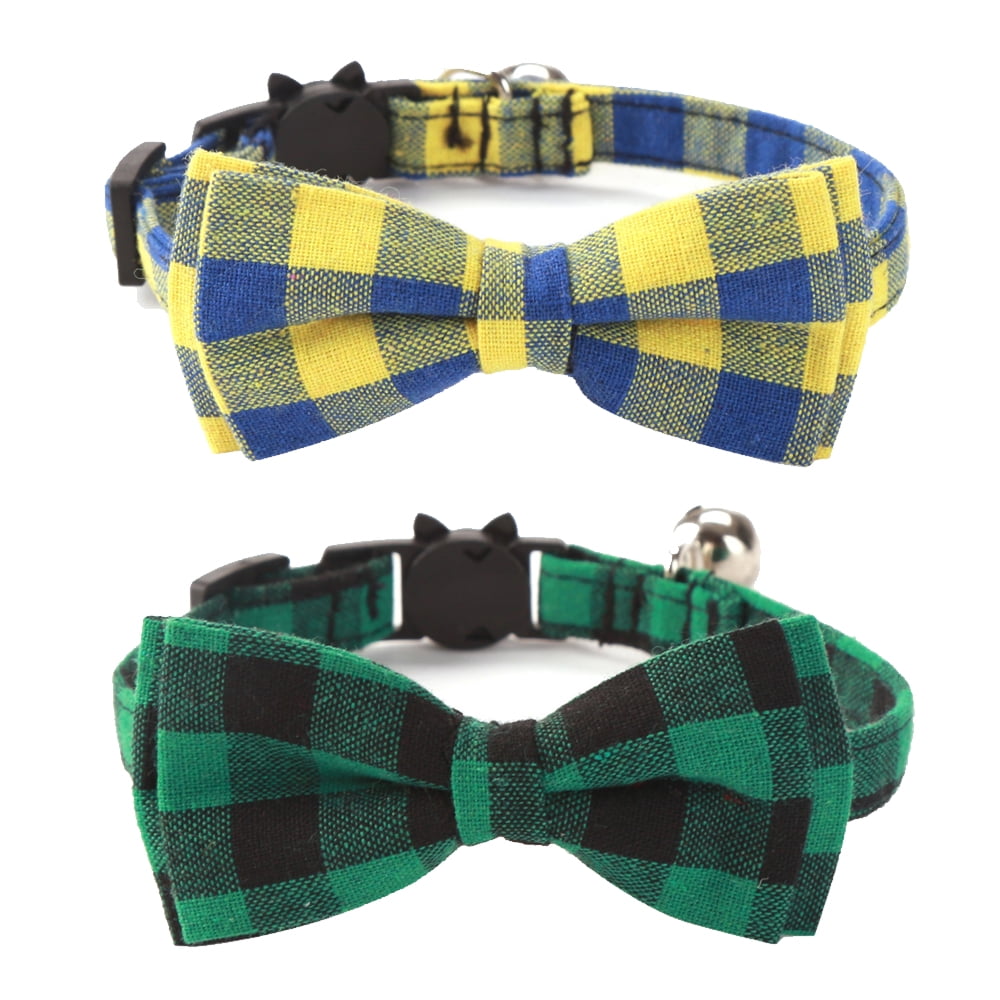 Plaid Pattern Cat and Dog Collars with Bowtie, Adjustable Comfortable