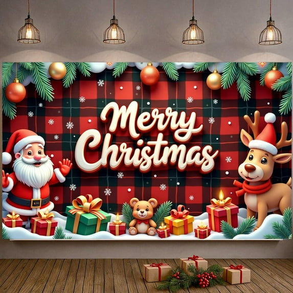Plaid Pattern Christmas Banner Snowflake Design Merry Christmas Banner Santa Claus Reindeer Xmas Banner for Christmas Party Home Decoration Holiday Celebration