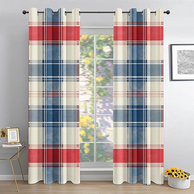 Plaid Pattern Curtains For Living Room - Red Blue Tartan Blackout ...