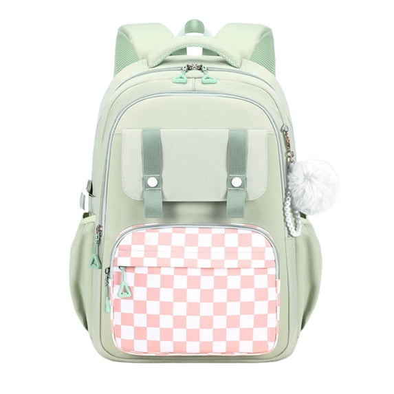 Plaid Pattern Kawaii Backpack Decorative Chain Pendant Spine Support Waterproof Large Capacity Back To School Casual Bookbag