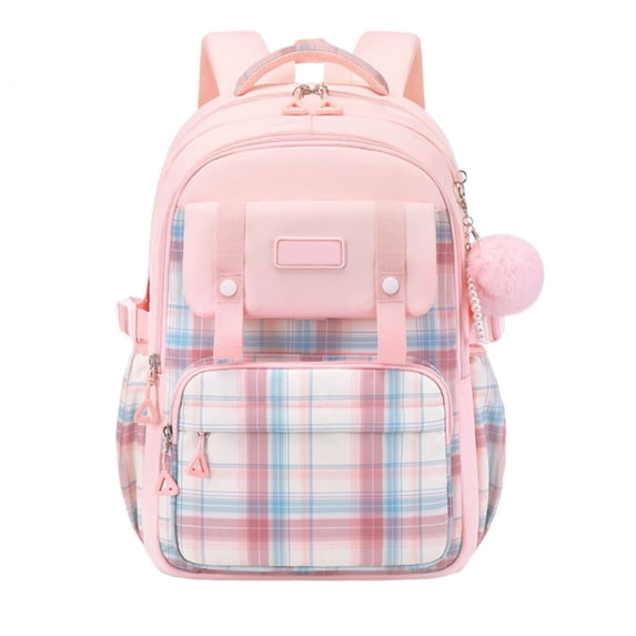 Plaid Pattern Kawaii Backpack Decorative Chain Pendant Spine Support Waterproof Large Capacity Back To School Casual Bookbag