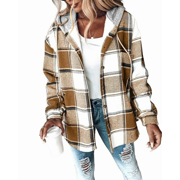 Plaid Pattern Long Sleeve Shacket Button Down Fleece Lined Hooded Jackets Warm Coat