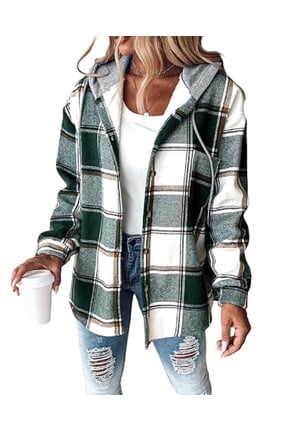 Jackets for Women Plaid Hooded Long Sleeve Casual Shacket Lightweight Fleece Lined Coat Green-M