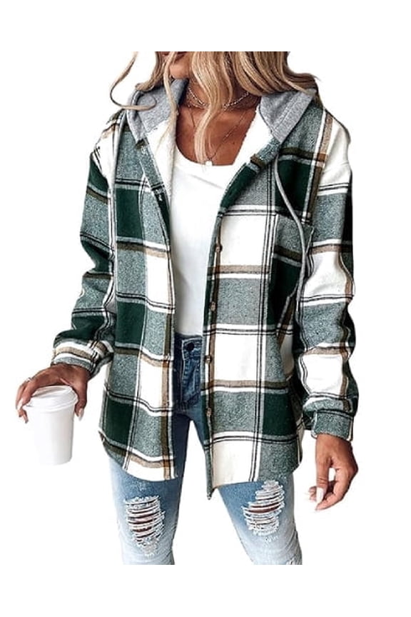 Jackets for Women Plaid Hooded Long Sleeve Casual Shacket Lightweight Fleece Lined Coat Green-L